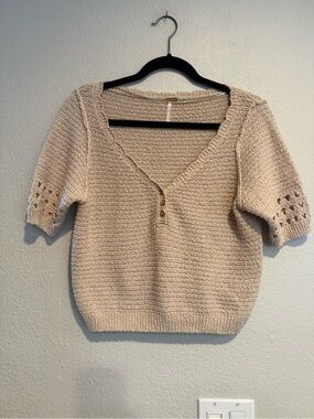 Free People Bree Beige Crochet Crop Pullover in Summer Khaki Small